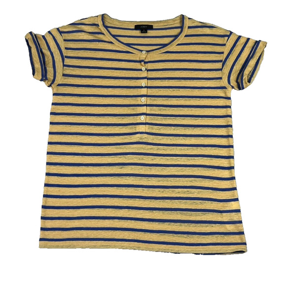 J Crew T-Shirt Womens Small Yellow Blue Striped Linen Rolled-cuff Henley Sleeve - Picture 2 of 12